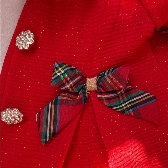 Red Sparkle Baby Coat with Fur Collar and Tartan Bows - Picture 2 of 3